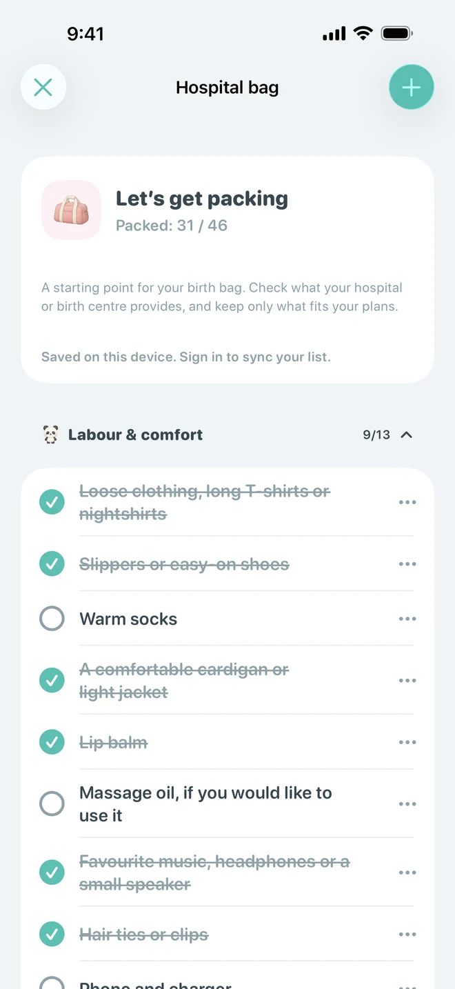 Bamboo hospital bag checklist: “Let’s get packing”, 31 of 46 packed, with the Labour and comfort list.